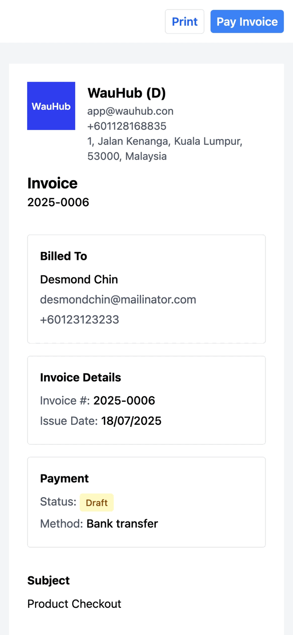 Invoice generation - Automated invoice with customer details and payment information